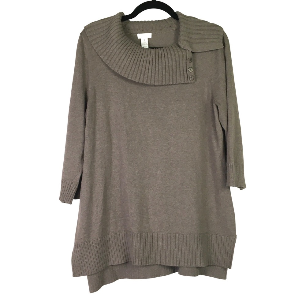 Chicos Asymmetrical Portrait Collar Knit Tunic Sweater 2 Brown